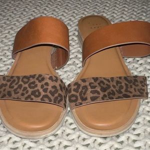 Brown and leopard sandals.